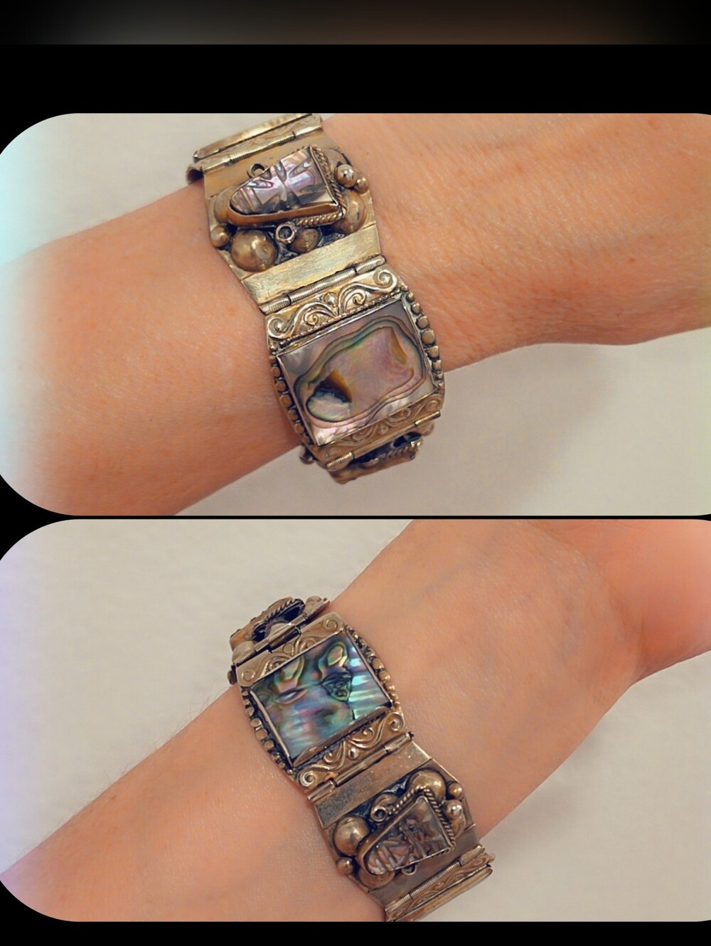 Estate Vintage Carved Abalone Gemstone Bracelet Sterling Silver 925